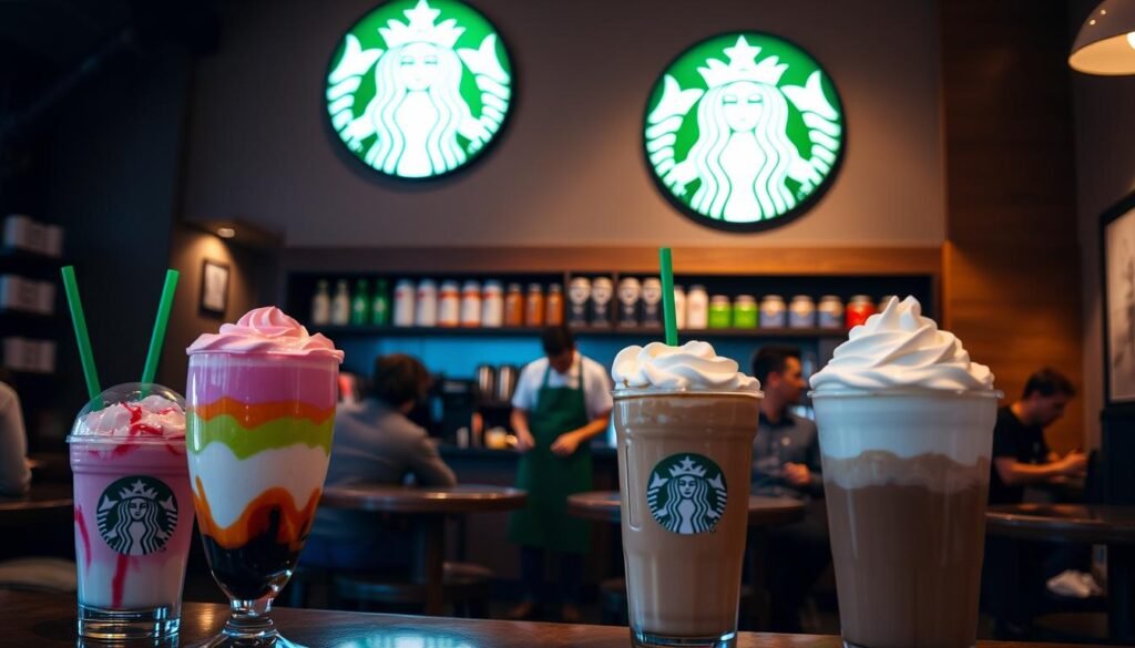 A cozy, dimly-lit coffee shop interior with a prominent Starbucks logo on the wall. In the foreground, an array of colorful, artfully crafted Starbucks secret menu drinks, including a vibrant pink Frappuccino, a layered multicolored beverage, and a foamy, whipped cream-topped specialty coffee. In the middle ground, a barista in a green apron carefully prepares drinks behind the counter, while customers sit at small tables, engaged in conversation. The background features shelves of Starbucks merchandise and a warm, inviting atmosphere with soft lighting and wooden accents. The scene conveys a sense of exclusivity and discovery, inviting the viewer to explore the hidden delights of the Starbucks secret menu.