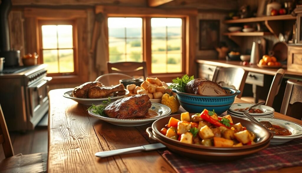 A cozy farmhouse kitchen on a sun-dappled afternoon, the warm glow of a wood-burning stove casting a rustic ambiance. On the wooden table, a bounty of flavorful dishes - tender pork chops, juicy roasted pork tenderloin, and a hearty pork and vegetable stew, each dish exuding the comforting aromas of herbs, spices, and slow-cooked goodness. The table is set with antique plates and utensils, evoking the timeless charm of the American frontier. Through the kitchen window, a bucolic countryside landscape unfolds, rolling hills and verdant trees framing the scene. This is the essence of the Pioneer Woman's flavorful pork-based main courses, nourishing the body and soothing the soul.