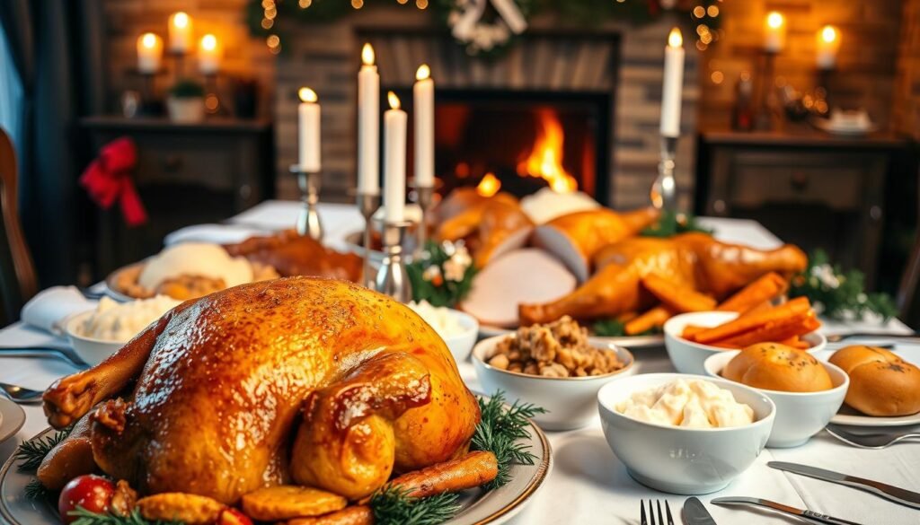 A cozy, festive scene of a hearty, comfort Christmas dinner main course. In the foreground, a sumptuous roasted turkey or ham, golden-brown and glistening, surrounded by an array of delectable side dishes - creamy mashed potatoes, savory stuffing, glazed carrots, and buttery dinner rolls. The table is set with crisp white linens, gleaming silverware, and elegant, flickering candles. In the background, a warm, inviting fireplace crackles, illuminating the scene with a soft, amber glow. The atmosphere is one of familial togetherness, nostalgia, and the comforting flavors of the holidays. A wide-angle lens captures the full tableau, with balanced lighting and a shallow depth of field to draw the eye to the main course. A cozy, festive scene of a hearty, comfort Christmas dinner main course. In the foreground, a sumptuous roasted turkey or ham, golden-brown and glistening, surrounded by an array of delectable side dishes - creamy mashed potatoes, savory stuffing, glazed carrots, and buttery dinner rolls. The table is set with crisp white linens, gleaming silverware, and elegant, flickering candles. In the background, a warm, inviting fireplace crackles, illuminating the scene with a soft, amber glow. The atmosphere is one of familial togetherness, nostalgia, and the comforting flavors of the holidays. A wide-angle lens captures the full tableau, with balanced lighting and a shallow depth of field to draw the eye to the main course.
