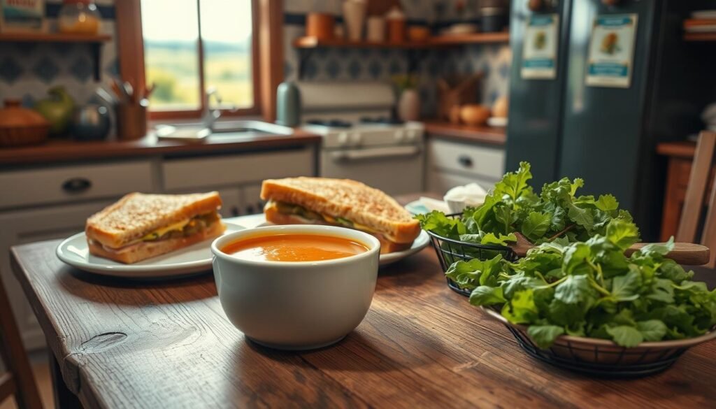 A cozy, inviting kitchen scene filled with an assortment of comfort food lunches. In the foreground, a rustic wooden table is set with a hearty bowl of creamy tomato soup, grilled cheese sandwiches, and a fresh green salad. Warm lighting casts a soft glow, highlighting the rich, comforting textures of the food. In the middle ground, a vintage-style oven and cabinets lined with homemade baked goods, while the background features a charming window overlooking a picturesque countryside. The overall atmosphere is one of nourishment, nostalgia, and a sense of homeliness, perfectly capturing the essence of comfort food lunches.