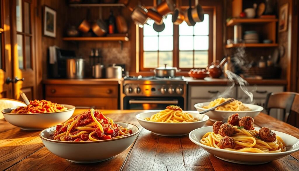 A cozy kitchen bathed in warm, golden light. In the foreground, a rustic wooden table is set with steaming bowls of hearty pasta dishes - thick bolognese sauce clinging to perfectly al dente noodles, creamy carbonara tossed with crispy pancetta, and a tangle of spaghetti twirled around homemade meatballs. The middle ground features a vintage-inspired stove and oven, its chrome accents gleaming. Hanging above, a copper pot rack holds an array of pots and pans. In the background, a window overlooks a picturesque countryside scene, hinting at the comforting, homestyle nature of the recipes. The overall atmosphere is one of inviting, familial intimacy - a dinner to nourish both body and soul.
