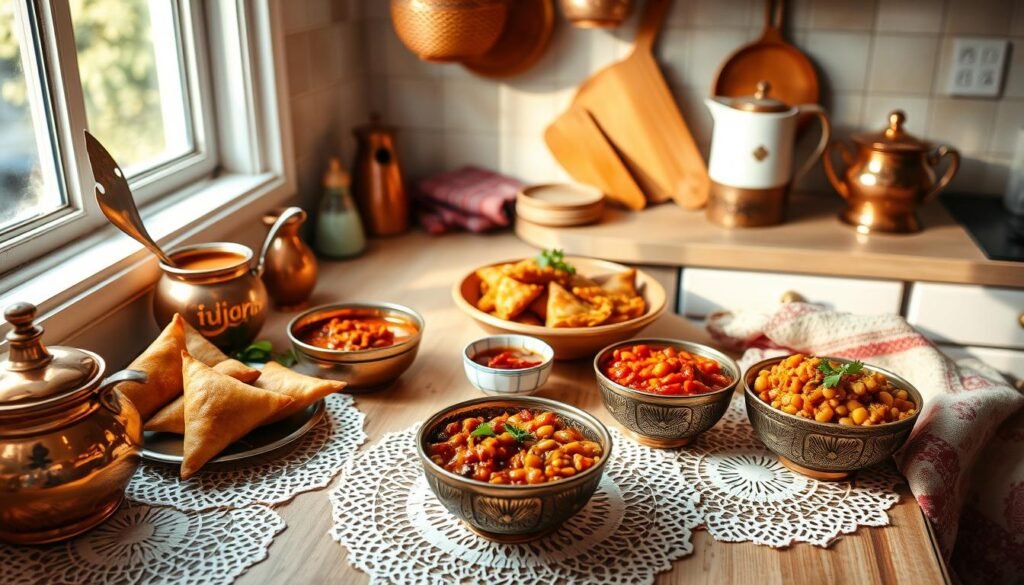 A cozy kitchen counter adorned with an array of traditional Indian snacks, including crisp samosas, tangy tamarind chutney, and vibrant chana masala. Soft natural lighting filters through a window, casting a warm glow on the scene. Intricate copper utensils and a fragrant pot of masala chai lend an authentic ambiance. Delicate lace doilies and hand-woven textiles add a touch of homemade elegance. The overall impression is one of inviting comfort and delectable flavors, perfectly capturing the essence of wholesome Indian chaat recipes.