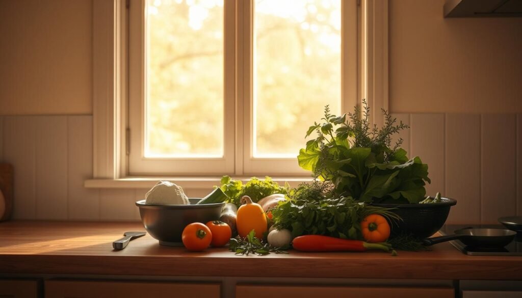 A cozy kitchen counter, bathed in warm, golden light from a large window. Atop the counter, a collection of seasonal produce - fresh vegetables, herbs, and a few simple kitchen tools. The scene evokes a sense of ease and simplicity, capturing the essence of "Seasonal Quick Dinner Recipes". The composition is clean and uncluttered, with a focus on the natural ingredients that could be transformed into a delicious, nourishing meal. The overall mood is one of tranquility and efficiency, encouraging the viewer to envision the process of crafting a quick, yet satisfying weeknight dinner.