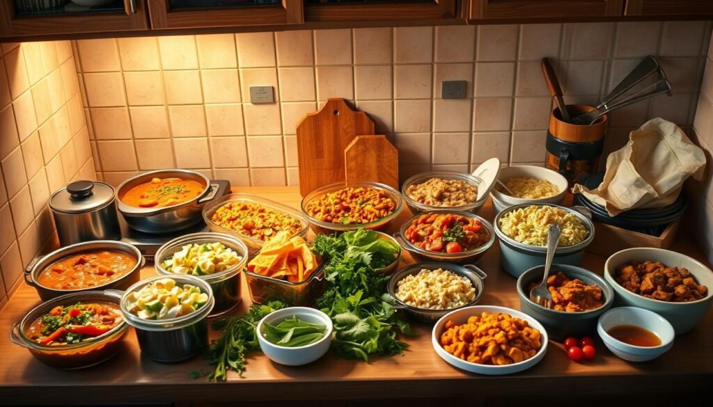 A cozy kitchen counter, bathed in warm, soft lighting from above. On the surface, an array of repurposed dishes - savory stews, hearty casseroles, vibrant salads, and fragrant curries. Ingredients spill out from mismatched containers, creating a visually appealing, yet effortless composition. The mood is one of comforting abundance, showcasing how yesterday's leftovers can be transformed into delectable, family-pleasing meals. Stylized from a slightly overhead angle, the image captures the spirit of resourcefulness and creativity that embodies "Creative Leftover Makeovers".