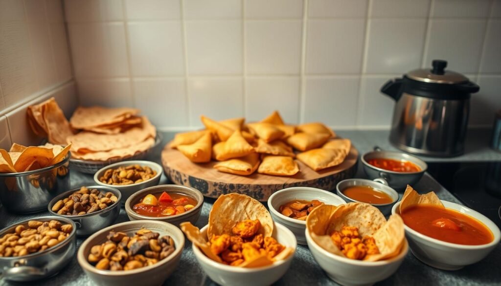 A cozy kitchen counter, neatly arranged with a variety of homemade Indian snacks. In the foreground, a collection of small bowls filled with crisp papadums, fragrant spiced nuts, and colorful chutneys. In the middle ground, a rustic wooden tray showcases an assortment of savory samosas and flaky samber-filled pastries. Soft, indirect lighting casts a warm glow, highlighting the textures and vibrant colors of the delectable treats. In the background, a simple white wall provides a clean, minimalist backdrop, allowing the snacks to take center stage. The scene conveys a sense of homey comfort, inviting the viewer to imagine the perfect teatime indulgence.