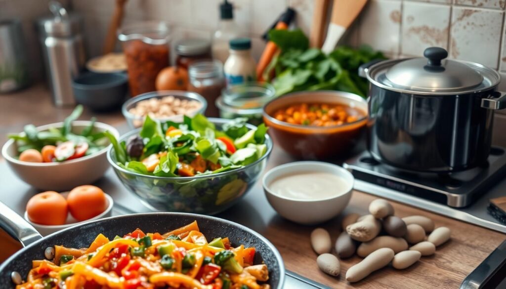 A cozy kitchen counter overflows with a delectable array of quick vegan dinner options. In the foreground, a hearty vegetable stir-fry sizzles in a skillet, its vibrant colors and aromatic steam beckoning. Alongside, a salad bowl brims with fresh leafy greens, crunchy vegetables, and a creamy plant-based dressing. In the middle ground, a steaming pot of nourishing lentil or bean-based soup, its rich broth infused with fragrant herbs. In the background, a bountiful display of wholesome ingredients - from crisp produce to whole grains and protein-packed legumes - hints at the ease and versatility of these plant-based meals. Soft, natural lighting bathes the scene, evoking a welcoming, homey atmosphere perfect for a quick, wholesome vegan dinner.