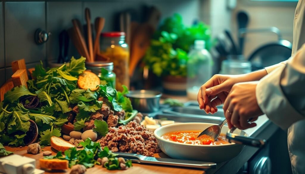 A cozy kitchen counter overflows with a vibrant assortment of leftover ingredients - ground beef, wilted greens, stale bread crusts, and a jar of last night's soup. Warm, soft lighting illuminates the scene, casting a gentle glow. In the foreground, a chef's hands skillfully transform these humble remnants into a new culinary creation, suggesting the innovative spirit of "Creative Ground Beef Soup Additions". The middle ground showcases the chef's process, with tools and utensils arranged neatly. The background fades into a hazy, atmospheric blur, focusing the viewer's attention on the hands-on experimentation happening in the moment.