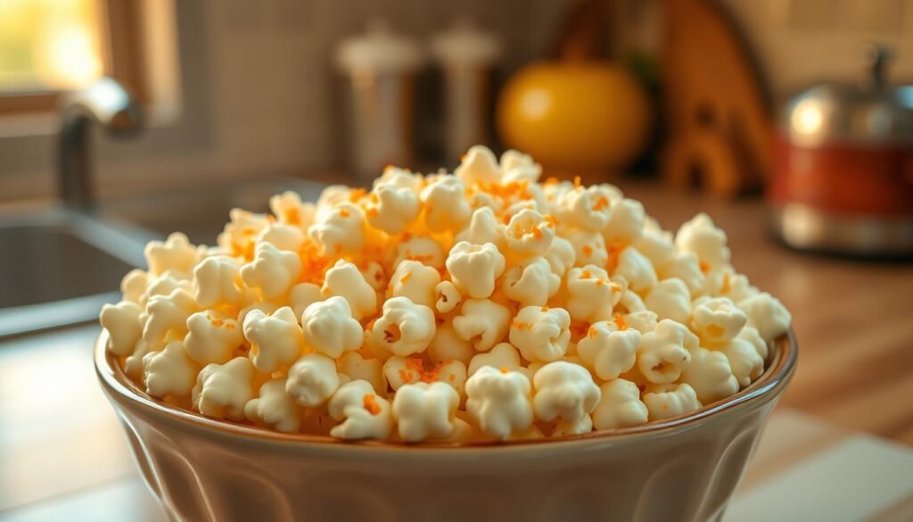 A cozy kitchen counter, warm golden lighting spilling across a vintage-style ceramic bowl filled to the brim with freshly popped popcorn kernels. The kernels are glistening with a light sheen of melted butter, their fluffy, airy texture inviting a satisfying crunch. Sprinkled throughout are a scattering of vibrant orange cheddar cheese seasoning and a hint of sea salt, creating a mouthwatering blend of savory and indulgent flavors. The scene evokes nostalgic feelings of lazy afternoons spent snacking on this beloved childhood treat, the simple pleasure of this classic snack sparking joyful memories. A cozy kitchen counter, warm golden lighting spilling across a vintage-style ceramic bowl filled to the brim with freshly popped popcorn kernels. The kernels are glistening with a light sheen of melted butter, their fluffy, airy texture inviting a satisfying crunch. Sprinkled throughout are a scattering of vibrant orange cheddar cheese seasoning and a hint of sea salt, creating a mouthwatering blend of savory and indulgent flavors. The scene evokes nostalgic feelings of lazy afternoons spent snacking on this beloved childhood treat, the simple pleasure of this classic snack sparking joyful memories.