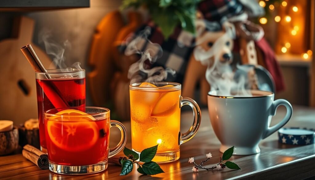 A cozy kitchen counter with a steaming array of festive winter drinks, including mulled wine, hot toddy, and rich hot chocolate. The drinks are garnished with cinnamon sticks, citrus slices, and warming spices, casting a golden glow under soft, ambient lighting. Wooden accents and a sprinkling of holly leaves add a rustic, holiday touch. The scene evokes a sense of comfort, indulgence, and the magical atmosphere of the holiday season.