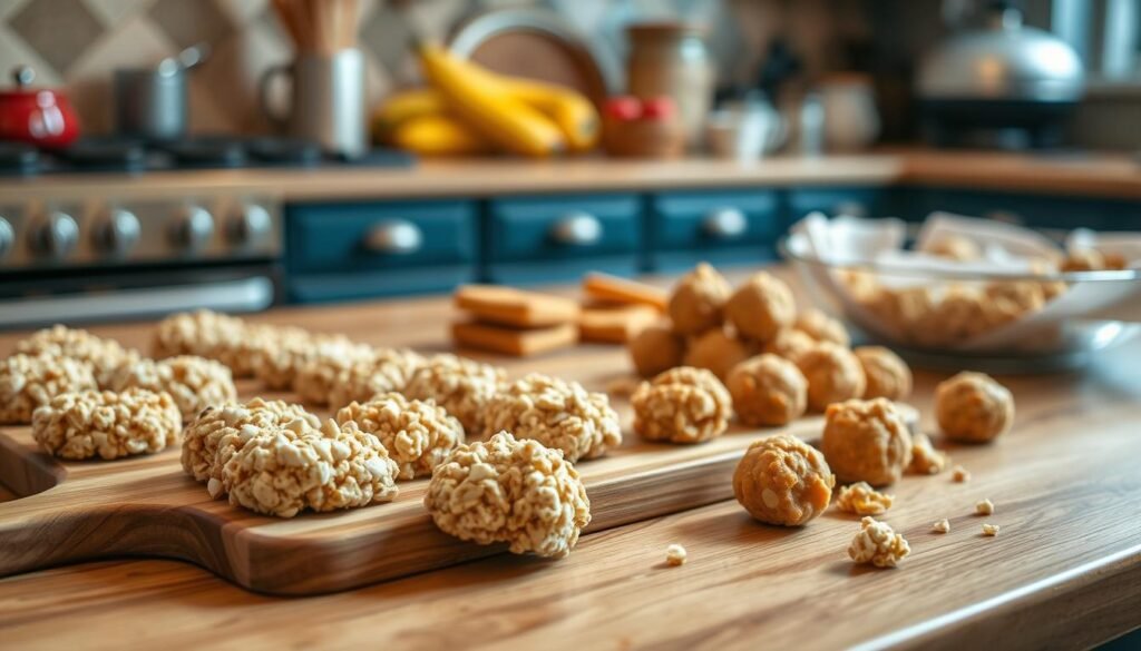 A cozy kitchen counter with a variety of homemade childhood snack recipes laid out, including no-bake cookies, Rice Krispies treats, and peanut butter balls. The treats are arranged neatly on a wooden cutting board, with a few scattered on the counter, as if freshly prepared. Soft, warm lighting illuminates the scene, creating a nostalgic, comforting atmosphere. The image has a shallow depth of field, focusing on the delectable treats in the foreground, while the background is slightly blurred, emphasizing the simplicity and enjoyment of these easy, no-bake desserts. A cozy kitchen counter with a variety of homemade childhood snack recipes laid out, including no-bake cookies, Rice Krispies treats, and peanut butter balls. The treats are arranged neatly on a wooden cutting board, with a few scattered on the counter, as if freshly prepared. Soft, warm lighting illuminates the scene, creating a nostalgic, comforting atmosphere. The image has a shallow depth of field, focusing on the delectable treats in the foreground, while the background is slightly blurred, emphasizing the simplicity and enjoyment of these easy, no-bake desserts.