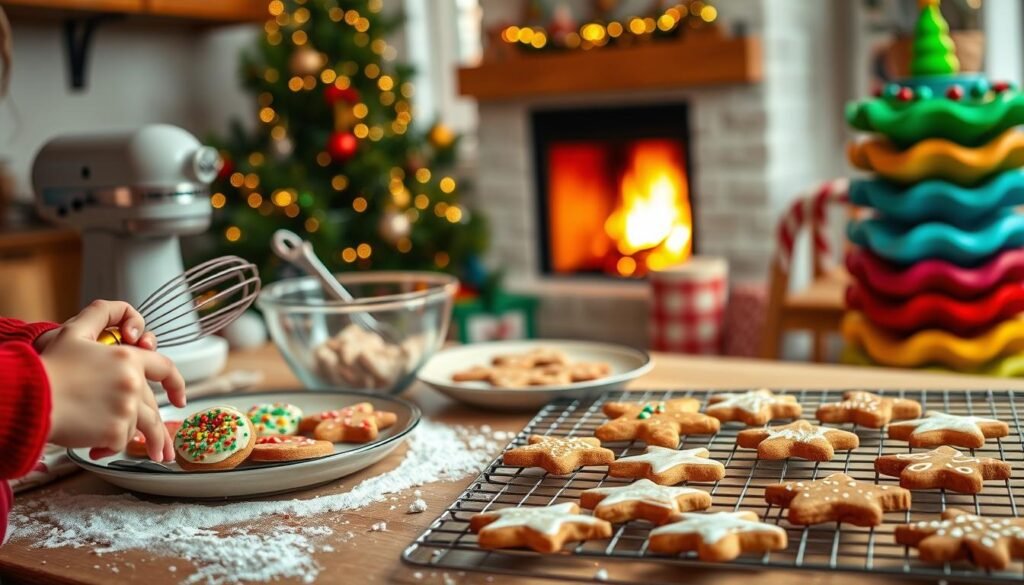 A cozy kitchen filled with the aroma of freshly baked Christmas treats. In the foreground, a child's hands kneading colorful dough, shaping festive cookies and decorating them with sprinkles and icing. Beside them, a plate of gingerbread men and a tray of star-shaped sugar cookies cooling on a wire rack. The middle ground showcases a mixing bowl with a whisk, scattered flour, and a stack of colorful holiday-themed baking pans. In the background, a Christmas tree twinkles with lights, and a warm fireplace crackles, creating a magical, inviting atmosphere. Soft, diffused lighting illuminates the scene, capturing the joy and wonder of Christmas baking with children. A cozy kitchen filled with the aroma of freshly baked Christmas treats. In the foreground, a child's hands kneading colorful dough, shaping festive cookies and decorating them with sprinkles and icing. Beside them, a plate of gingerbread men and a tray of star-shaped sugar cookies cooling on a wire rack. The middle ground showcases a mixing bowl with a whisk, scattered flour, and a stack of colorful holiday-themed baking pans. In the background, a Christmas tree twinkles with lights, and a warm fireplace crackles, creating a magical, inviting atmosphere. Soft, diffused lighting illuminates the scene, capturing the joy and wonder of Christmas baking with children.