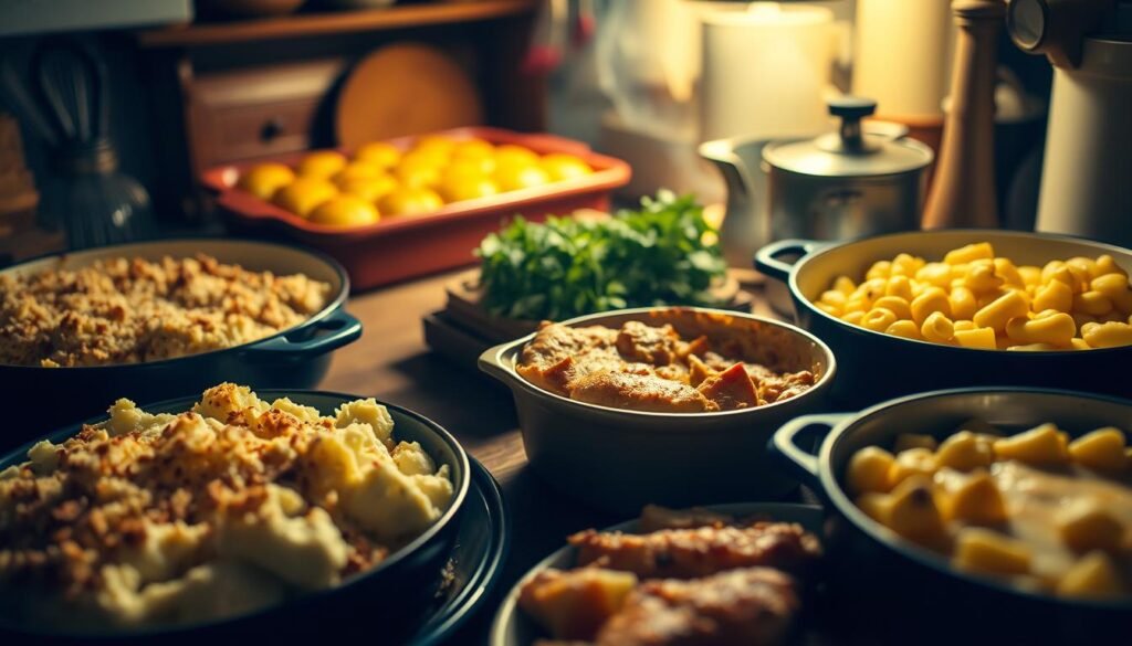 A cozy kitchen filled with the aroma of freshly baked casserole dishes, a hearty shepherd's pie, and a steaming pot of creamy mac and cheese. Dimly lit with a warm, golden glow, the scene invites you to gather around the table and indulge in comfort food classics that satisfy the soul. Soft, plush textures of fluffy mashed potatoes, buttery breadcrumbs, and melted cheese adorn the dishes, beckoning to be savored. The table is set with simple, rustic tableware, hinting at the homemade goodness within. A sense of nostalgia and family togetherness permeates the image, capturing the essence of comforting, satisfying dinner recipes your loved ones will crave.