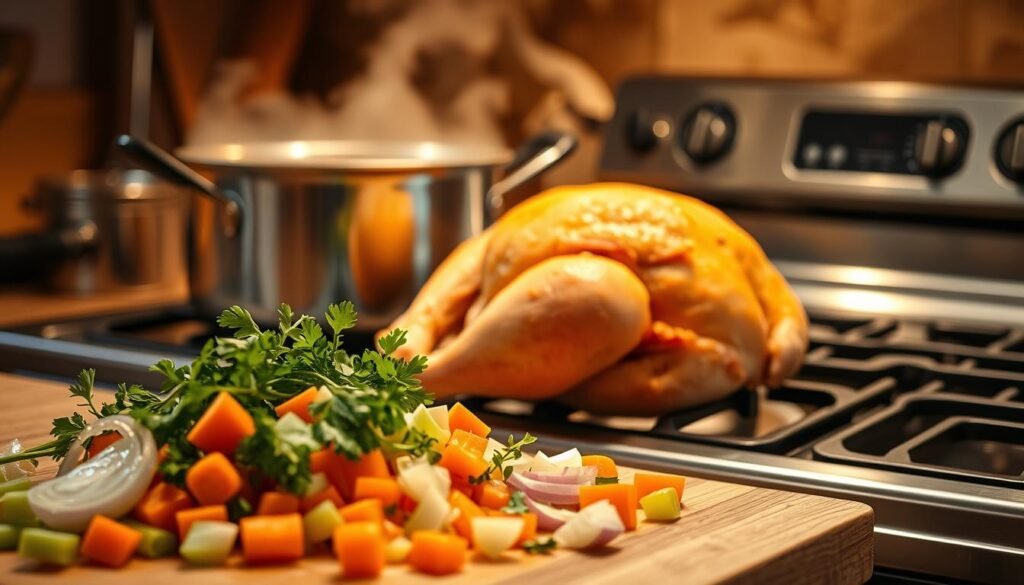A cozy kitchen scene depicting a steaming pot of homemade rotisserie chicken soup simmering on the stove. In the foreground, a cutting board showcases the freshly chopped vegetables - carrots, celery, onions, and parsley - ready to be added to the broth. The middle ground features the golden-brown rotisserie chicken, its tender meat ready to be shredded and incorporated into the soup. In the background, warm lighting from the stove casts a soft glow, hinting at the comforting aroma that fills the air. The overall atmosphere evokes a sense of nourishment and homemade goodness, perfect for a section on utilizing leftover chicken in heartwarming soup recipes.