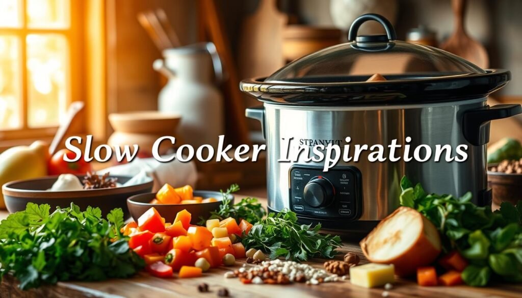 A cozy kitchen scene featuring a slow cooker filled with a hearty, aromatic stew. The foreground showcases chopped vegetables, herbs, and spices artfully arranged around the slow cooker. In the middle ground, rustic bowls and utensils suggest the preparation of a delicious, comforting meal. The background features a warm, natural lighting filtering through a window, casting a gentle glow over the scene. The overall atmosphere evokes a sense of ease and simplicity, perfectly capturing the "Slow Cooker Inspirations" theme.