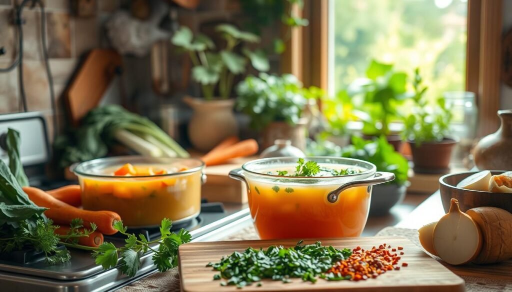 A cozy kitchen scene featuring a variety of hearty, wholesome vegetarian soups. In the foreground, a large pot of steaming, aromatic vegetable broth simmers on the stove, surrounded by fresh produce like carrots, celery, and onions. In the middle ground, a wooden cutting board showcases chopped herbs and spices, ready to be added. The background is filled with earthy tones, with a window overlooking a lush garden, bathed in soft, natural lighting. The overall atmosphere is warm, inviting, and brimming with the promise of a nourishing, plant-based meal.