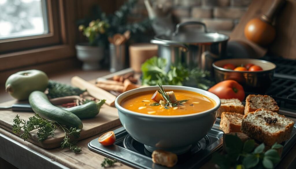 A cozy kitchen scene filled with an array of stock-based soups simmering on the stove. In the foreground, a large pot emits a rich, savory aroma, steam gently rising. Surrounding it, an assortment of fresh vegetables, herbs, and spices, artfully arranged on a wooden cutting board. In the middle ground, a bowl of hearty, nourishing soup stands ready, garnished with crisp croutons and a sprinkle of fragrant herbs. Soft, diffused lighting casts a warm, inviting glow, capturing the comforting atmosphere of a winter's day. The background features a window overlooking a snowy landscape, hinting at the season and the desire to be warmed from the inside out.