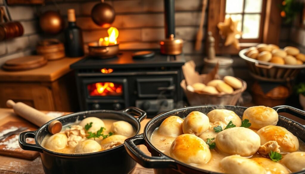 A cozy kitchen scene of a classic pioneer woman's dinner main course, "Chicken and Dumplings". In the foreground, a steaming cast-iron pot filled with tender chicken and fluffy dumplings, garnished with fresh parsley. Behind it, a butcher block counter with a rolling pin, flour-dusted surface, and a basket of freshly baked biscuits. In the middle ground, a vintage wood-burning stove with dancing flames, casting a warm glow. The background features a rustic plank wall adorned with copper pots and pans, evoking the timeless, homely atmosphere of a pioneer household. Soft, natural lighting filters through a nearby window, highlighting the comforting textures and inviting aromas of this wholesome, heartwarming dish.