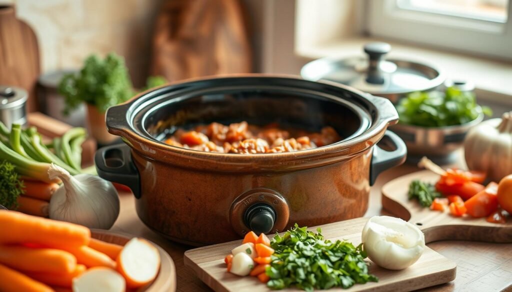A cozy kitchen scene showcasing a collection of tempting crockpot dishes. In the foreground, a rustic stoneware slow cooker simmers with a hearty, fragrant stew. Surrounding it, an array of fresh ingredients like carrots, onions, and herbs. In the middle ground, a wooden cutting board displays chopped vegetables, ready to be added to the pot. The background features warm, muted tones, with hints of natural light filtering through a window, casting a soft glow over the scene. This inviting tableau evokes the comforting simplicity of slow-cooked meals that satisfy the senses and nourish the soul.