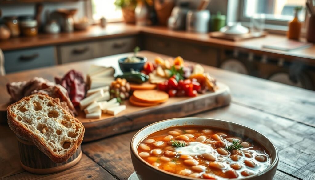 A cozy kitchen scene showcasing a variety of tasty bean soup pairings. In the foreground, a bowl of steaming bean soup is accompanied by freshly baked crusty bread, a dollop of sour cream, and sprigs of fragrant herbs. In the middle ground, a charcuterie board displays an array of cured meats, aged cheeses, and pickled vegetables, complementing the hearty soup. The background features a rustic wooden table, warm lighting from a nearby window, and the faint outline of kitchen shelves stocked with jars and seasonings. The overall atmosphere is one of comfort, nourishment, and the simple pleasures of a well-crafted meal.