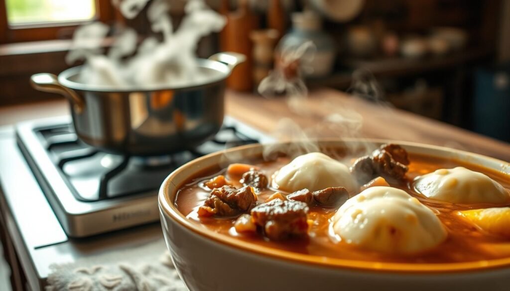 A cozy kitchen scene with a hearty beef and dumpling soup simmering on the stove. In the foreground, a steaming bowl of the rich, savory broth filled with tender chunks of beef and fluffy, pillowy dumplings. Wisps of steam rise from the surface, hinting at the comforting flavors within. The background features a rustic wooden table, complemented by natural light filtering in through a nearby window, creating a warm, inviting atmosphere. The lighting is soft and diffused, highlighting the delicate textures of the ingredients. The composition is balanced, drawing the viewer's eye to the star of the scene - the comforting and satisfying beef and dumpling soup.