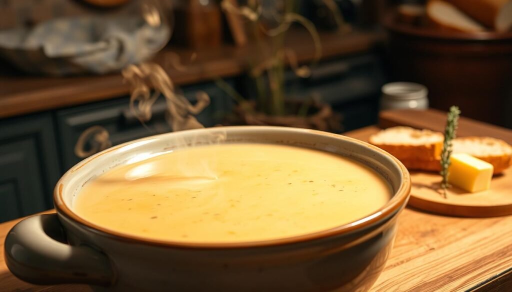 A cozy kitchen scene with a large, ceramic bowl filled with creamy winter soup. Aromatic steam rises from the bowl, reflecting the warm lighting above. Thick and velvety, the soup has a rich, buttery hue, accented by the occasional flecks of herbs. In the background, a wooden table is set with crusty bread, a pat of butter, and a sprig of thyme, hinting at the satisfying and comforting meal to come. The entire scene is bathed in a soft, golden glow, creating a welcoming and inviting atmosphere.