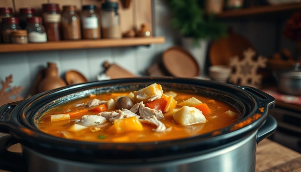 A cozy kitchen scene with a rustic slow cooker in the foreground, filled with a simmering turkey soup. The soup has a rich, golden broth and is brimming with chunky vegetables and juicy turkey pieces. In the background, a warm, inviting atmosphere with wooden shelves, jars of spices, and hints of winter decor. Soft, diffused lighting casts a comforting glow over the entire scene, creating a sense of homey tranquility. The angle is slightly elevated, allowing the viewer to see the enticing contents of the slow cooker in detail. The overall mood is one of nourishment, tradition, and the welcoming embrace of a hearty, homemade turkey soup.