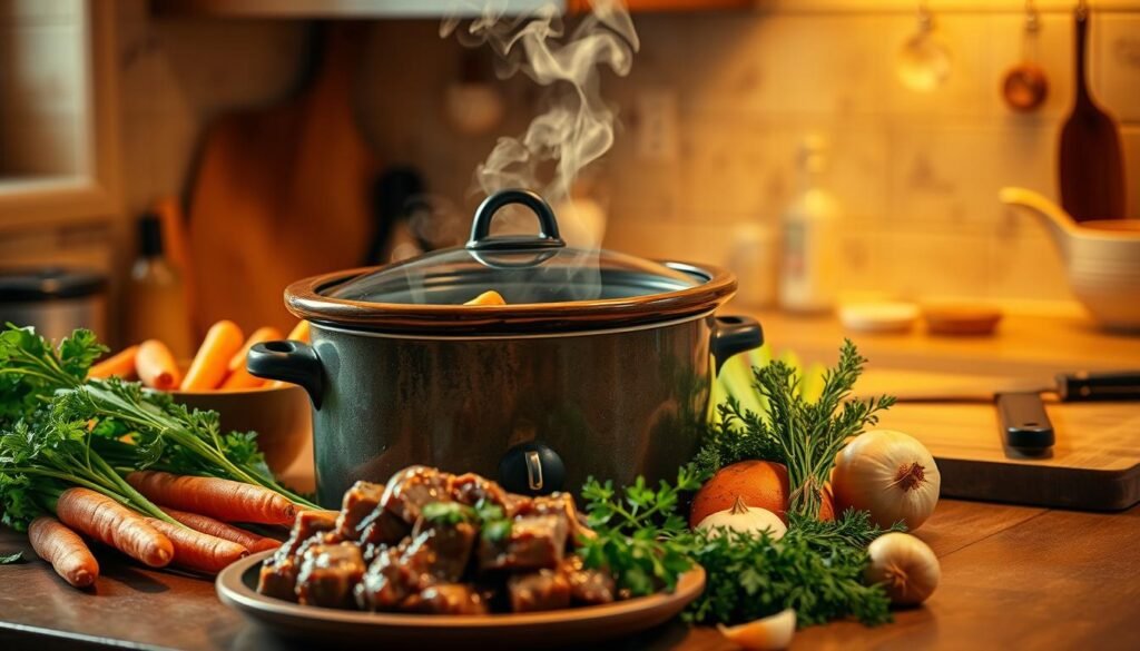 A cozy kitchen scene with a rustic slow cooker on the countertop, steam rising from its lid, surrounded by fresh ingredients like stewing beef, carrots, celery, onions, and herbs. Warm, golden lighting illuminates the scene, casting a comforting glow. In the background, a wooden cutting board with a knife and chopping board sets the stage for the homemade preparation. The atmosphere is inviting, evoking the aromas of a simmering beef soup that will satisfy the deepest cravings.