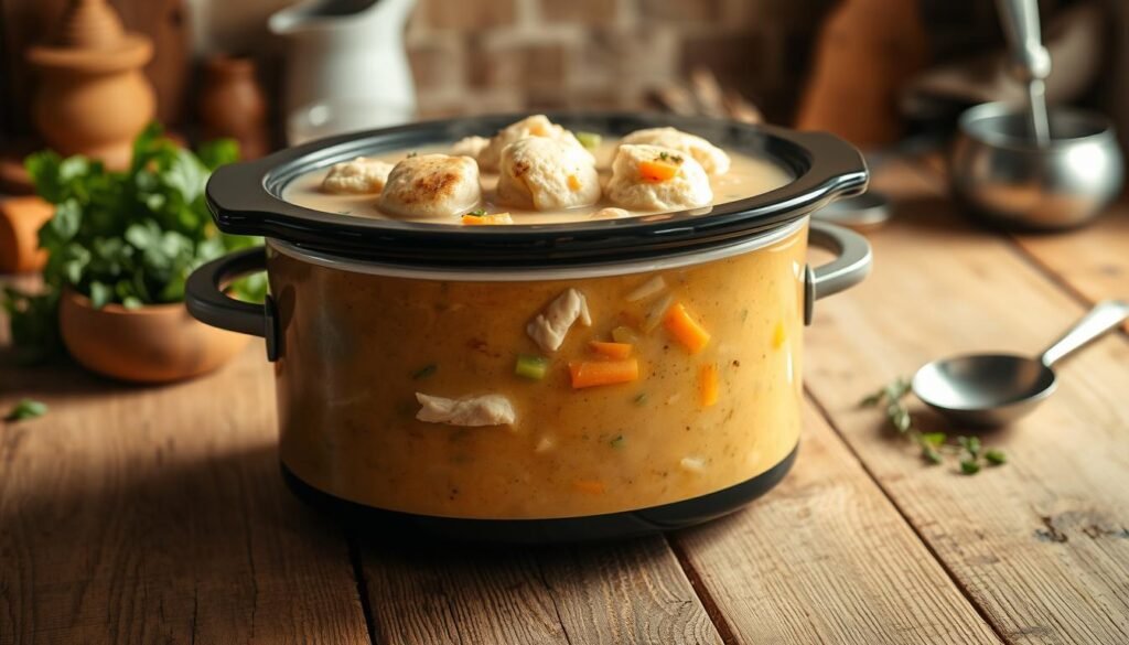 A cozy kitchen scene with a rustic wooden table in the foreground, upon which sits an inviting slow cooker filled with creamy, steaming chicken soup. Tender chicken pieces, vibrant carrots, celery, and fragrant herbs float in the rich, golden broth. Soft, fluffy dumplings or croutons adorn the surface, lending a comforting, homemade touch. Warm, diffused lighting casts a gentle glow, creating a welcoming and soothing atmosphere. In the background, a smattering of fresh herbs, a spoon, and a ladle suggest the process of carefully crafting this nourishing, soul-warming dish. The overall mood is one of quiet comfort and simple pleasures.