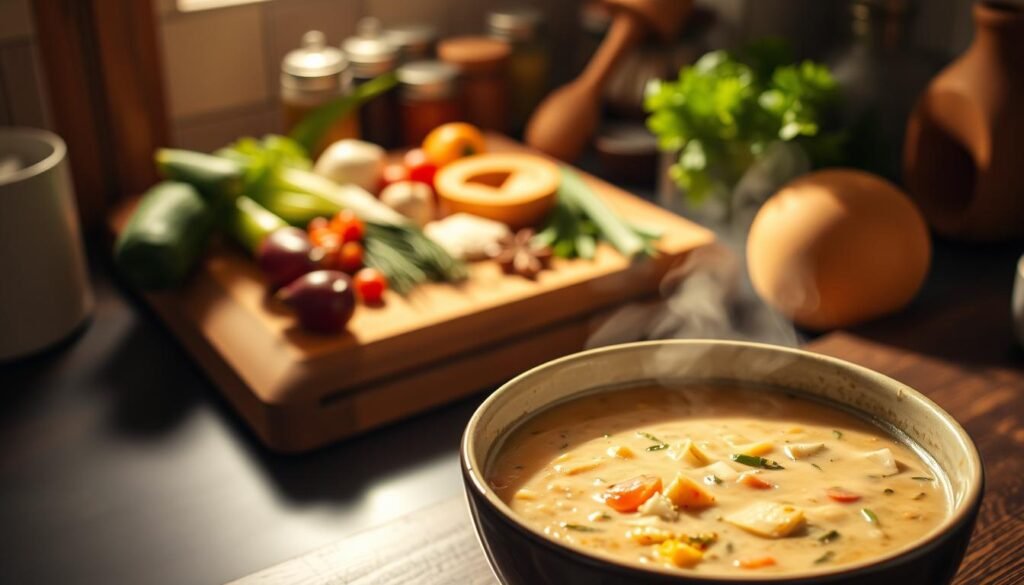 A cozy kitchen scene with a steaming bowl of creamy keto soup in the foreground, its rich broth and tender ingredients beautifully captured. In the middle ground, a wooden cutting board showcases an assortment of fresh keto-friendly vegetables, herbs, and spices. The background reveals a well-stocked pantry, hinting at the ease of creating this nourishing, fat-burning soup. Warm lighting casts a comforting glow, while soft shadows add depth and dimension. The overall atmosphere is one of simplicity, health, and culinary delight.
