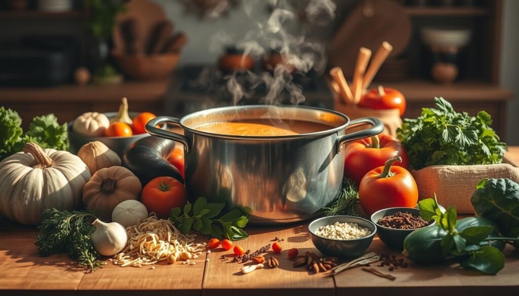 A cozy kitchen scene with seasonal vegetables, herbs, and aromatic spices arranged artfully on a wooden table. Soft, diffused lighting casts warm shadows, illuminating the vibrant colors and textures of the ingredients. In the center, a large, steaming pot of savory soup simmers, its enticing aroma filling the air. The mise-en-scène evokes the comforting and nourishing essence of homemade, seasonal soup recipes. A still-life composition that celebrates the natural beauty and flavors of the changing seasons.