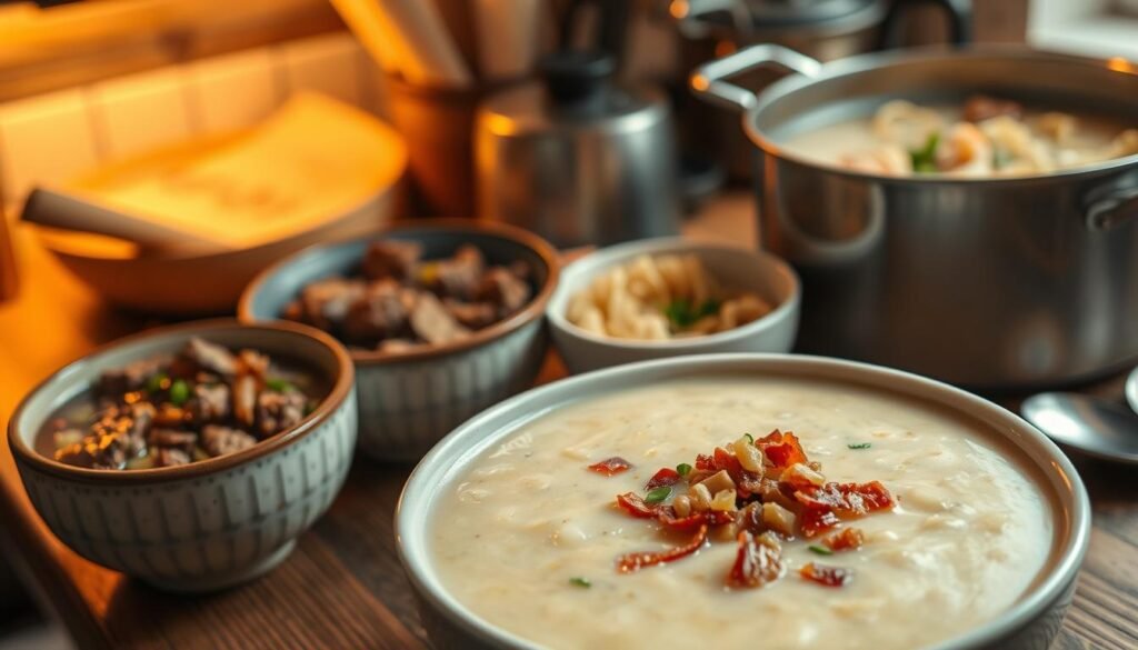 A cozy kitchen setting with a rustic wooden table, set with a variety of classic winter soup bowls. In the foreground, a steaming bowl of creamy potato leek soup, garnished with crispy bacon bits and fresh chives. In the middle ground, a hearty beef and barley stew, its rich broth dotted with tender chunks of meat and earthy vegetables. In the background, a simmering pot of aromatic chicken noodle soup, its steam rising in delicate wisps. The scene is illuminated by warm, soft lighting, creating a comforting and inviting atmosphere perfect for a winter evening meal.