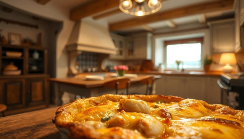 A cozy kitchen setting with a warm, inviting atmosphere. In the foreground, a hearty chicken casserole or pot pie, fresh from the oven, its golden crust glistening. Tender chicken pieces nestled in a rich, creamy sauce, accompanied by aromatic herbs and vegetables. In the middle ground, a rustic wooden table, set with simple yet elegant dinnerware. Soft, diffused lighting casts a comforting glow, highlighting the textures and colors of the comforting meal. In the background, a classic country-style kitchen, with exposed beams, neutral-toned cabinetry, and a glimpse of a window overlooking a serene outdoor scene. The overall mood evokes a sense of homey, nourishing comfort.