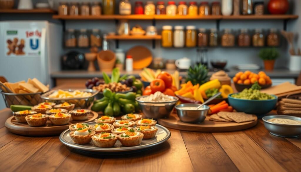 A cozy kitchen setting with an assortment of quick and easy snack recipes laid out on a wooden table. In the foreground, a plate of bite-sized appetizers, such as mini quiches, deviled eggs, and cheese and crackers. In the middle ground, an array of colorful fruits, vegetables, and dips, like hummus and guacamole. The background features shelves with jars of nuts, dried fruits, and other snack ingredients, bathed in warm, soft lighting that creates a welcoming atmosphere. The overall scene evokes a sense of effortless convenience and indulgence, perfect for a relaxed movie night. A cozy kitchen setting with an assortment of quick and easy snack recipes laid out on a wooden table. In the foreground, a plate of bite-sized appetizers, such as mini quiches, deviled eggs, and cheese and crackers. In the middle ground, an array of colorful fruits, vegetables, and dips, like hummus and guacamole. The background features shelves with jars of nuts, dried fruits, and other snack ingredients, bathed in warm, soft lighting that creates a welcoming atmosphere. The overall scene evokes a sense of effortless convenience and indulgence, perfect for a relaxed movie night.