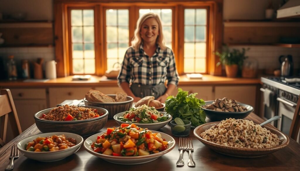 A cozy, rustic kitchen scene bathed in warm, natural lighting. In the foreground, a wooden table is set with a variety of vegetarian main course dishes - a hearty lentil and vegetable stew, a vibrant quinoa and roasted vegetable salad, and a creamy mushroom and spinach risotto. Freshly baked bread and a simple green salad complete the spread. In the middle ground, the Pioneer Woman herself, Ree Drummond, stands admiring her work, her signature smile radiating a sense of homey, wholesome charm. The background features a large farmhouse window overlooking a lush, verdant landscape, adding to the peaceful, pastoral ambiance. A timeless, inviting scene that celebrates the beauty and deliciousness of vegetarian main course recipes.