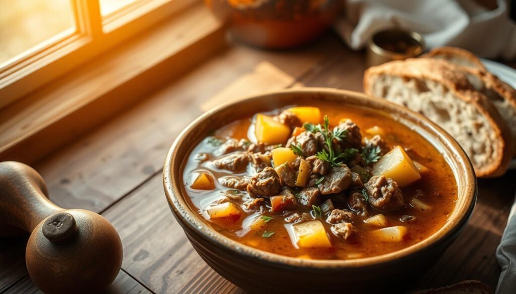 A cozy, slow-cooked ground beef soup simmers on a wooden table, with chunks of tender beef, hearty vegetables, and a rich, flavorful broth. The scene is illuminated by warm, natural lighting from a nearby window, casting a soft glow over the scene. The soup is presented in a rustic, ceramic bowl, accompanied by fresh herbs and crusty bread, creating an inviting and comforting atmosphere. The overall composition evokes a homemade, homey feel, perfect for a satisfying and nourishing meal.