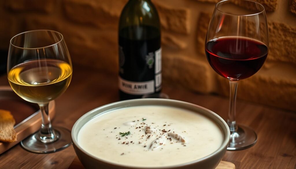 A cozy, softly-lit scene depicting a wooden table with a steaming bowl of cream of chicken soup, accompanied by two wine glasses filled with complementary white and red wines. The soup is garnished with fresh herbs and a sprinkle of cracked black pepper, creating an inviting and appetizing display. In the background, a warm, textured wall provides a rustic, comforting ambiance. The lighting is gentle, casting a golden glow over the arrangement, suggesting a peaceful, intimate setting perfect for enjoying this comforting dish and its wine pairings.
