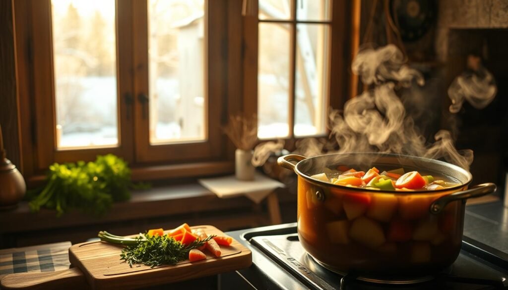 A cozy, steam-filled kitchen filled with the aroma of simmering turkey vegetable soup. In the foreground, a large pot sits atop a rustic stovetop, its contents bubbling with an array of fresh seasonal vegetables - carrots, celery, onions, and potatoes. The middle ground showcases a wooden cutting board with freshly chopped herbs, adding depth and complexity to the savory broth. In the background, a window overlooking a snowy winter landscape casts a warm, golden glow, creating a tranquil, homey atmosphere. The lighting is soft and diffused, highlighting the vibrant colors and textures of the ingredients. The overall scene conveys a sense of comfort, nourishment, and the transformative power of seasonal produce in a hearty, satisfying turkey soup.