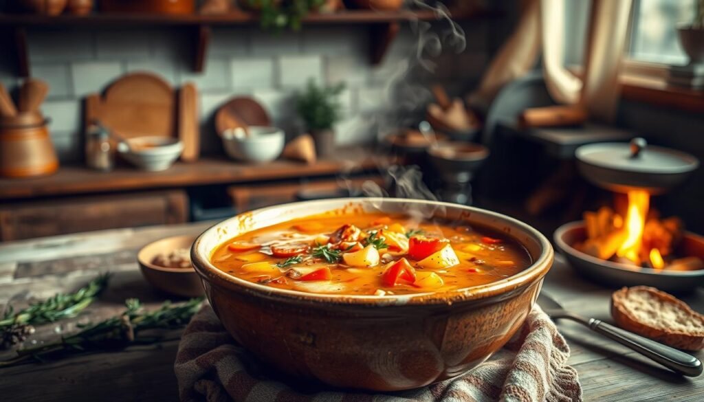 A cozy, steaming bowl of hearty vegetarian winter soup takes center stage, its rich broth and vibrant vegetables illuminated by soft, warm lighting. In the background, an inviting kitchen scene with a worn wooden table, rustic shelves, and gently swaying curtains set the scene for a nourishing, comforting meal. Hints of aromatic herbs, freshly baked bread, and a crackling fireplace create a welcoming, soothing atmosphere. The composition emphasizes the soup's enticing textures and colors, drawing the viewer in to savor each spoonful of this wholesome, plant-based delight.