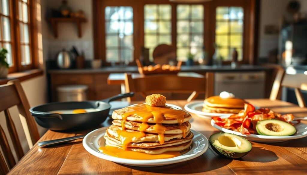 A cozy, sun-drenched kitchen setting, with a wooden dining table in the foreground showcasing an array of easy, appetizing breakfast-for-lunch recipes. Fresh eggs sizzling in a cast-iron skillet, fluffy pancakes drizzled with golden maple syrup, crisp bacon, and juicy sliced avocado arranged artfully. Warm, rustic tones permeate the scene, with a large window flooding the space with natural light. The table is set with simple, elegant dishware, hinting at the simplicity and approachability of these quick, satisfying meal options. An atmosphere of relaxed contentment and culinary delight pervades the image.