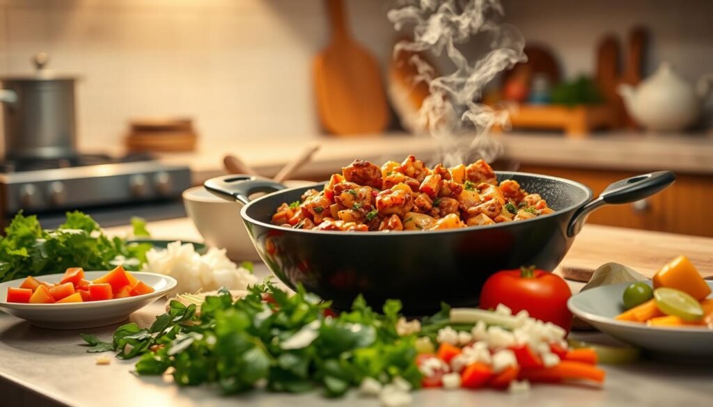 A cozy, warm-lit kitchen scene showcasing a neatly arranged skillet with an assortment of delectable, family-friendly dinner recipes. In the foreground, the skillet is filled with a hearty, sizzling dish, steam rising from the surface. Surrounding it are various fresh ingredients, such as chopped vegetables, herbs, and seasonings, artfully scattered across the countertop. In the middle ground, a few simple kitchen tools, like a wooden spoon and a cutting board, are visible, hinting at the quick and easy preparation of these dishes. The background features a softly blurred view of the rest of the kitchen, creating a sense of depth and homely atmosphere.