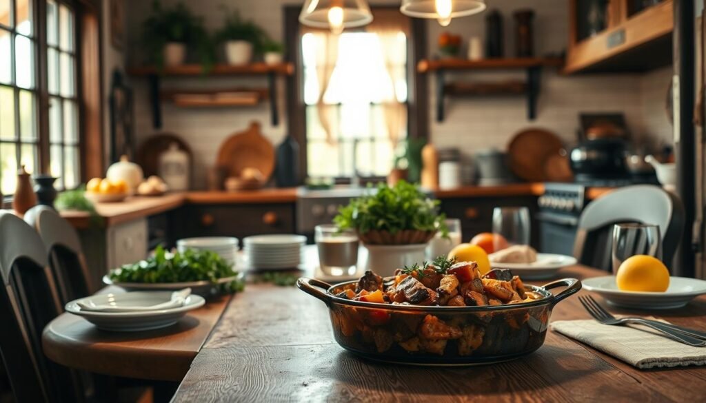 A cozy, well-appointed kitchen with warm lighting illuminates a rustic wooden table, set with a mix of vintage-inspired dishware and modern accents. In the foreground, a delectable pioneer woman's dish takes center stage, its rich aromas and inviting presentation beckoning the viewer. Surrounding the table, a scattering of fresh herbs, seasonal produce, and vintage-inspired textiles create a welcoming, casual-yet-elegant atmosphere. The scene is bathed in a soft, golden glow, lending an inviting, homey ambiance to the setting. The image conveys a sense of homespun comfort and effortless hospitality, perfectly capturing the "Entertaining with Casual Elegance" theme.