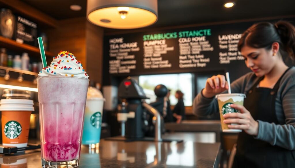 A cozy, well-lit Starbucks cafe, the counter showcasing an array of customized drinks. In the foreground, a barista crafts a vibrant ombre pink and blue layered frappuccino, topped with whipped cream and colorful sprinkles. Beside it, a customer adds their own personalized touches to a green tea latte, stirring in honey and a sprinkle of cinnamon. In the background, the cafe boasts a variety of unique seasonal offerings, from a pumpkin spice cold brew to a lavender-infused tea latte. Warm lighting casts a soft glow, inviting customers to get creative and make their Starbucks experience truly their own.