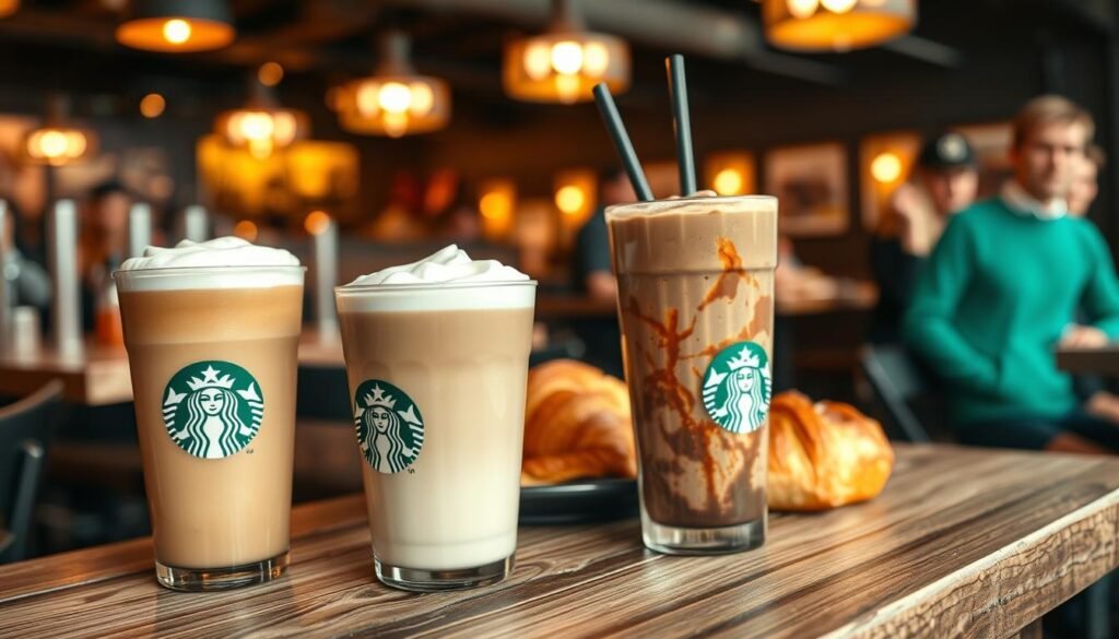 A cozy, well-lit café scene featuring a row of classic Starbucks beverages on a rustic wooden table. In the foreground, a steaming hot latte, a frothy cappuccino, and a rich, chocolatey Frappuccino take center stage, their vibrant colors and textures inviting the viewer to indulge. In the middle ground, a tempting array of customer-favorite pastries, from flaky croissants to moist, syrupy cinnamon rolls, add to the inviting ambiance. The background is softly blurred, suggesting the bustling atmosphere of a Starbucks café, with hints of warmly-lit decor and the occasional passerby. The overall mood is one of comforting familiarity and irresistible indulgence, reflecting the enduring appeal of these classic Starbucks offerings.