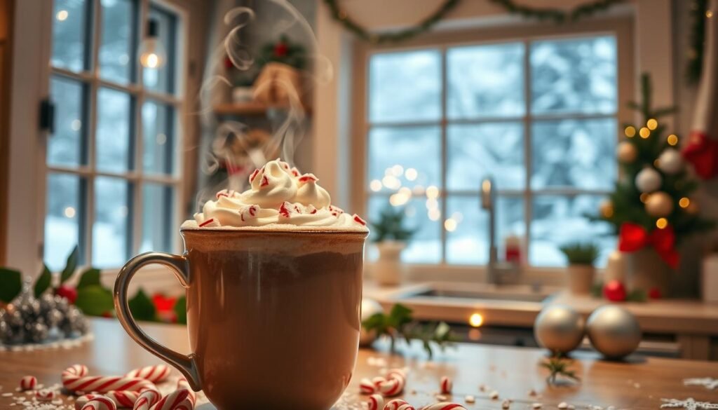 A cozy, well-lit kitchen filled with the aroma of freshly brewed peppermint hot chocolate. In the foreground, a festive mug overflows with a rich, creamy beverage, adorned with a swirl of whipped cream and crushed candy canes. Steaming wisps of vapor rise from the cup, casting a soft, inviting glow. In the middle ground, sprigs of holly and a sprinkling of silver and gold decorations accent the scene, creating a warm, holiday atmosphere. The background features a snowy window overlooking a peaceful winter landscape, emphasizing the season's tranquility. Soft, warm lighting bathes the entire composition, evoking a sense of comfort and holiday cheer.