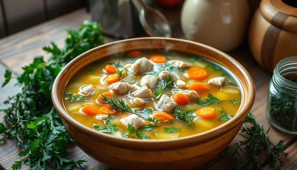 A cozy, well-lit kitchen scene featuring a large, ceramic bowl filled with a vibrant, fresh herb-infused chicken soup. The soup is steaming, with tender chunks of chicken, carrots, celery, and a variety of fresh herbs such as thyme, rosemary, and parsley floating on the surface. The bowl is placed on a rustic wooden table, surrounded by additional fresh herbs in small glass jars or bunches. The lighting is soft and warm, creating a comforting and inviting atmosphere. The overall scene conveys a sense of homemade, nourishing goodness, perfect for a healthy, comforting meal.