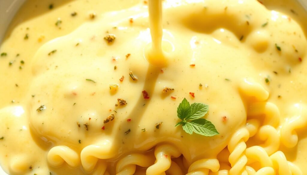 A creamy, chilled pasta salad dressing glistens under natural light, its smooth, silky texture enticing the senses. Vibrant herbs and spices are suspended in a lush, pale yellow emulsion, hinting at the bold flavors within. The dressing is poured over freshly cooked spiral noodles, coating them evenly and creating a harmonious composition. Delicate shadows cast by the pasta strands add depth and dimension, while a subtle sheen across the surface suggests a luxurious, indulgent mouthfeel. The overall mood is one of effortless elegance, inviting the viewer to imagine the satisfying chill and flavor of this delectable salad dressing.