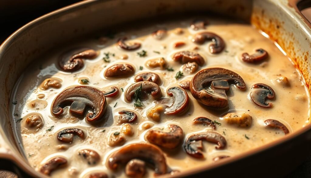 A creamy mushroom-based casserole base bubbling in a vintage ceramic baking dish, with a rich, earthy aroma wafting through the air. Sliced cremini and shiitake mushrooms simmered in a velvety sauce of heavy cream, butter, and fragrant herbs like thyme and rosemary. The surface is lightly browned and textured, hinting at the savory flavors within. Soft shadows cast by the dimmed lighting create a cozy, inviting atmosphere, perfect for a comforting dish that redefines the humble cream of mushroom soup.