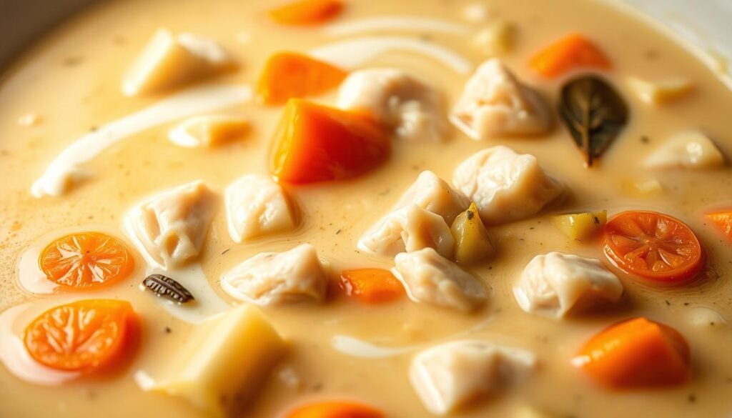 A creamy, smooth turkey soup with tender chunks of white meat, simmered in a rich, velvety broth. Vibrant carrots, celery, and onions add depth and texture, while a hint of thyme and bay leaves infuse the dish with warm, comforting aromas. The soup is bathed in soft, diffused lighting, creating a cozy, inviting atmosphere. The camera captures the soup in a three-quarter angle, showcasing the luxurious, satin-like texture and the gentle swirls of cream that accentuate the dish's creamy, indulgent nature. The background is slightly blurred, drawing the viewer's focus to the captivating, mouthwatering centerpiece.