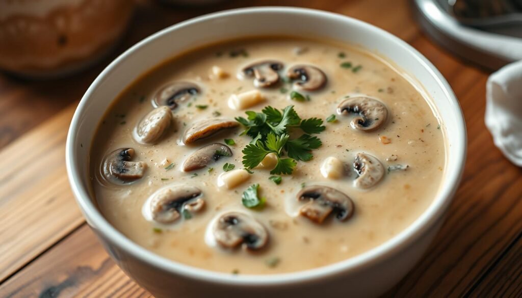 A creamy, velvety classic cream of mushroom soup, simmered to perfection in a warm, cozy kitchen. Sliced button mushrooms, sautéed in butter and herbs, infuse the broth with an earthy, umami-rich flavor. A splash of heavy cream lends a luxurious, silky texture, while a sprinkle of freshly chopped parsley adds a vibrant pop of color. The soup is served in a pristine white ceramic bowl, placed on a wooden table, with soft, diffused lighting casting a gentle glow. The mood is comforting, nostalgic, and inviting, capturing the essence of a timeless, homemade recipe.