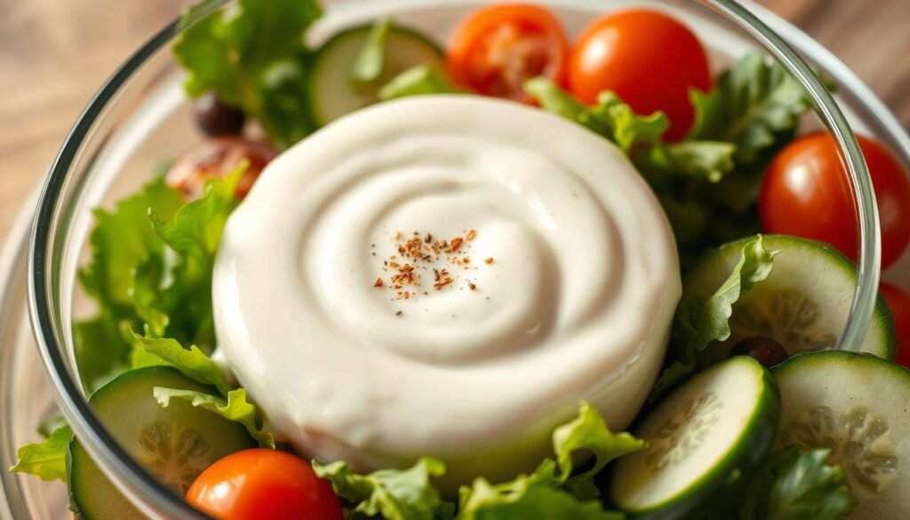 A creamy white salad dressing with a glossy, velvety sheen sits in a clear glass serving bowl, surrounded by fresh green salad leaves, sliced cucumbers, and cherry tomatoes. The dressing is swirled with a hint of herbs and spices, creating a tantalizing depth of flavor. The lighting is soft and warm, casting a gentle glow on the ingredients, highlighting their natural colors and textures. The composition is balanced, with the dressing as the focal point, complemented by the vibrant, crisp vegetables. The overall mood is one of indulgence and sophistication, inviting the viewer to savor the creamy goodness of this delectable dressing.